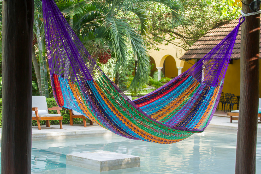 Mayan Legacy Queen Size Outdoor Cotton Mexican Hammock in Colorina Colour V97-TQCOLORINA