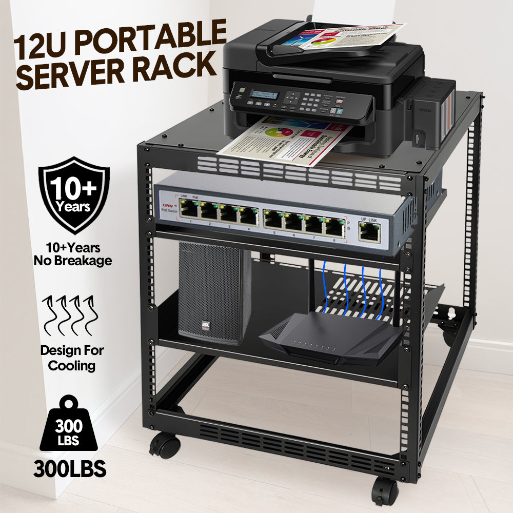Alston 12U Open Frame Server Rack Hifi Device Rack with Vented Shelves Heavy Duty 4-Post AV/IT Network Rack V985-12UOPENCABINET