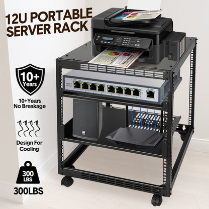 Alston 12U Open Frame Server Rack Hifi Device Rack with Vented Shelves Heavy Duty 4-Post AV/IT Network Rack V985-12UOPENCABINET