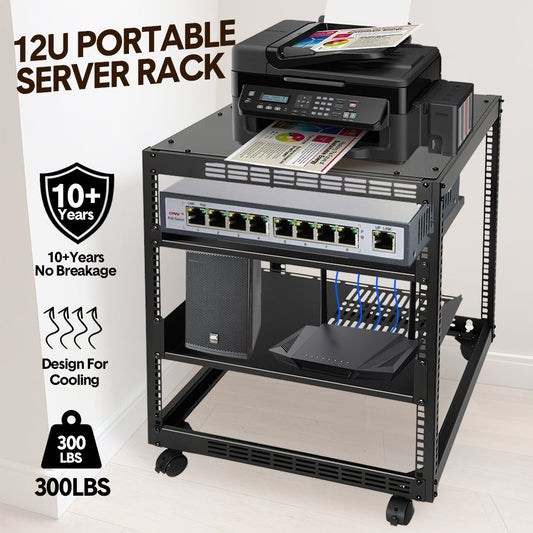Alston 12U Open Frame Server Rack Hifi Device Rack with Vented Shelves Heavy Duty 4-Post AV/IT Network Rack V985-12UOPENCABINET