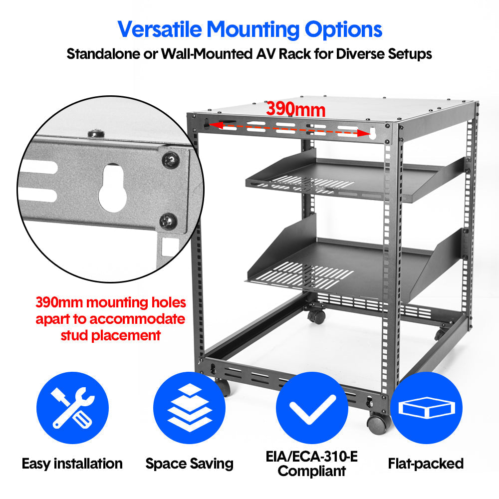 Alston 12U Open Frame Server Rack Hifi Device Rack with Vented Shelves Heavy Duty 4-Post AV/IT Network Rack V985-12UOPENCABINET