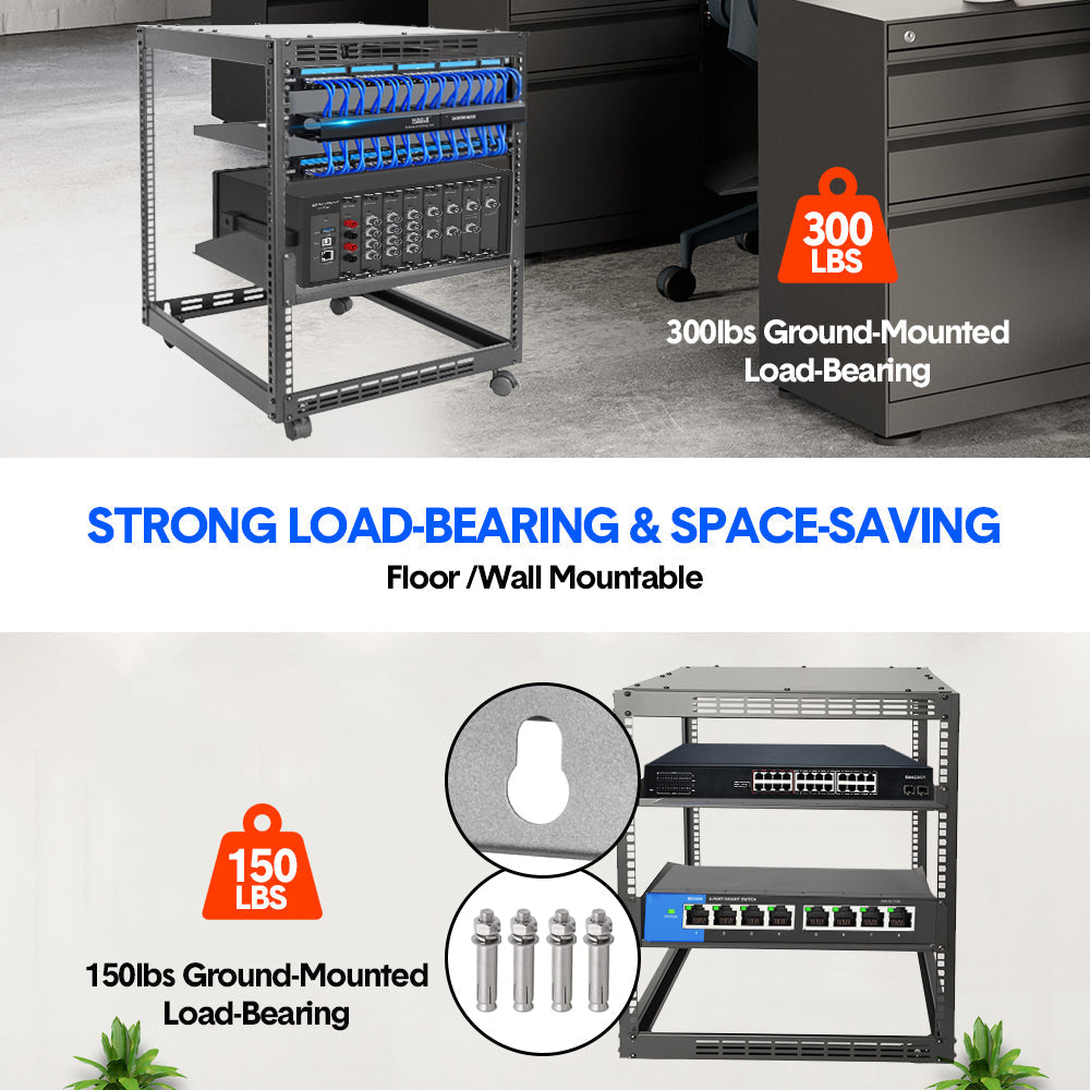 Alston 12U Open Frame Server Rack Hifi Device Rack with Vented Shelves Heavy Duty 4-Post AV/IT Network Rack V985-12UOPENCABINET