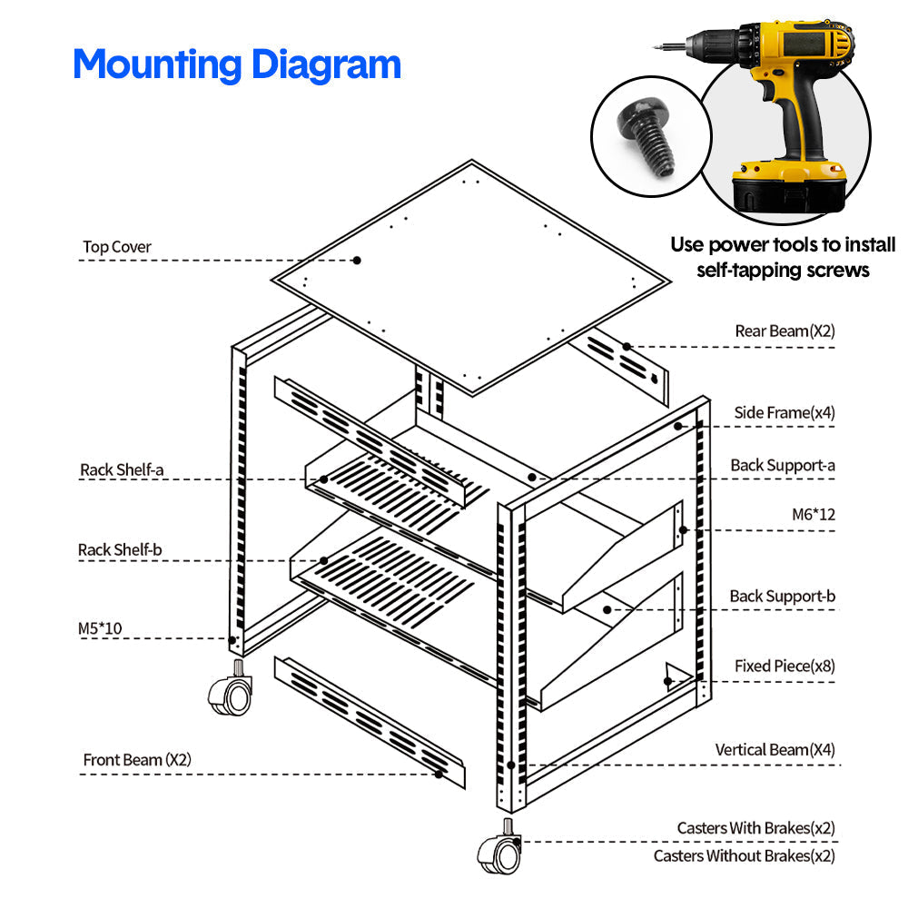 Alston 12U Open Frame Server Rack Hifi Device Rack with Vented Shelves Heavy Duty 4-Post AV/IT Network Rack V985-12UOPENCABINET