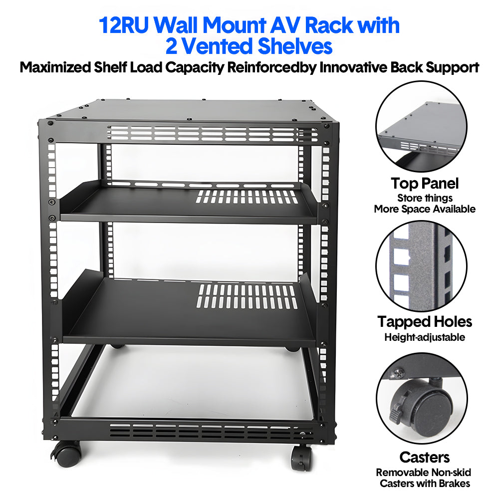 Alston 12U Open Frame Server Rack Hifi Device Rack with Vented Shelves Heavy Duty 4-Post AV/IT Network Rack V985-12UOPENCABINET