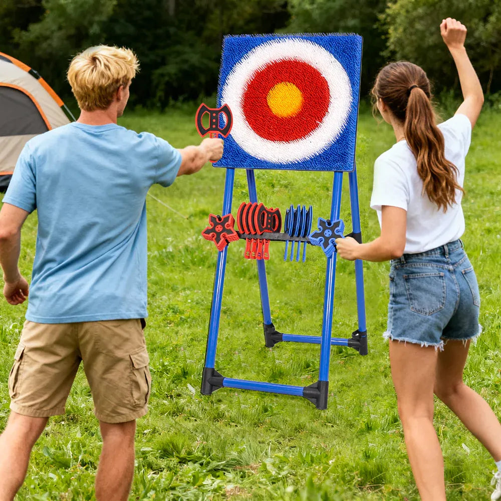 Axe Throwing Bristle Target Set with 8 Throwing Safety Axes and Ninja Stars Flexible Stand for Kids Adults and Family Backyard Sports Indoor Outdoor Game