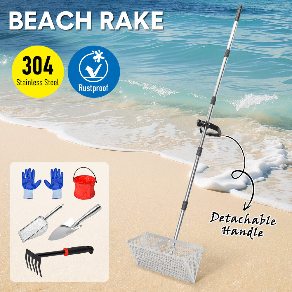 Beach Rake Stainless Steel Sand Flea Rake 140cm Long Detachable Handle and Shark Tooth Wide Sifter for Easy V985-BEACHRAKE