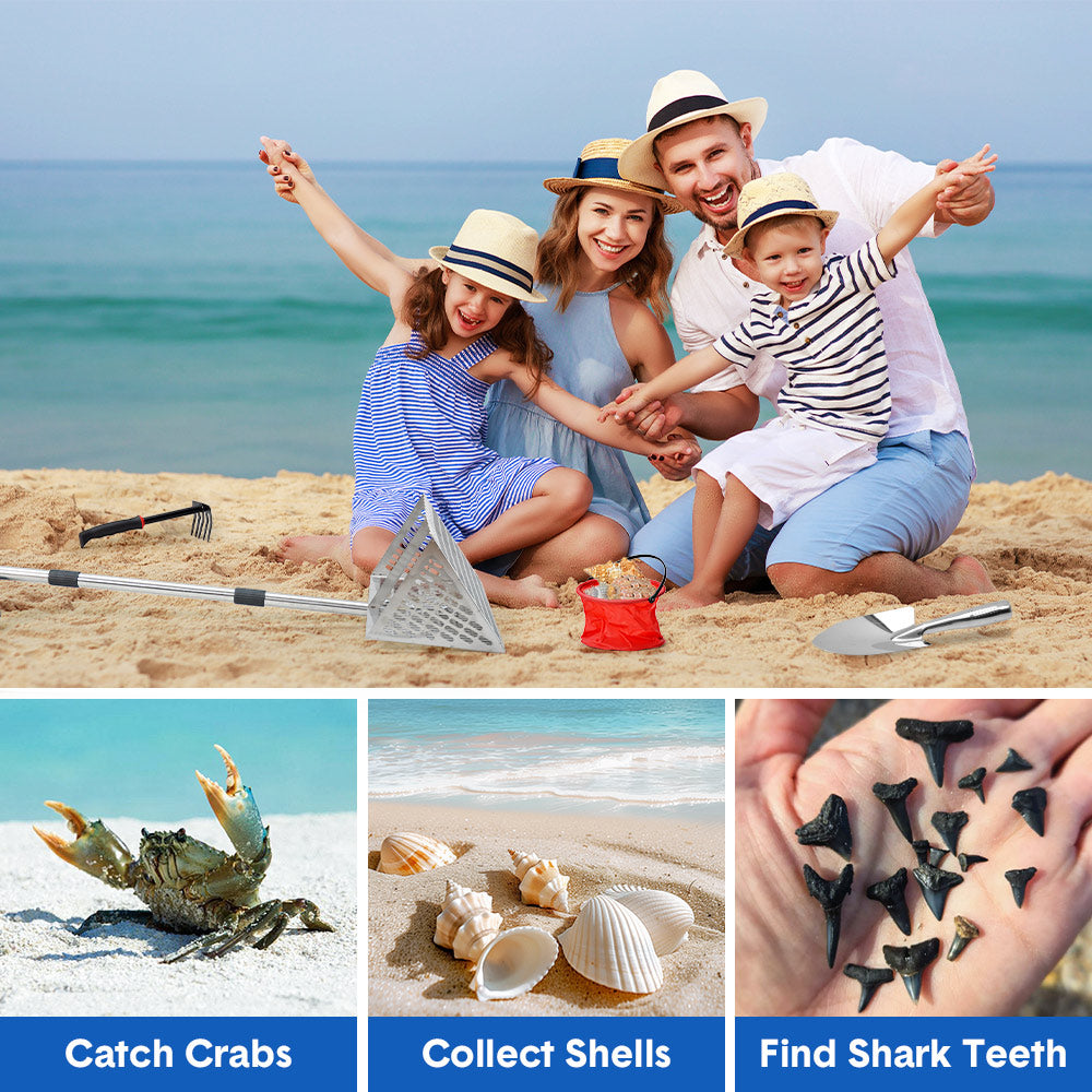 Beach Rake Stainless Steel Sand Flea Rake 140cm Long Detachable Handle and Shark Tooth Wide Sifter for Easy V985-BEACHRAKE