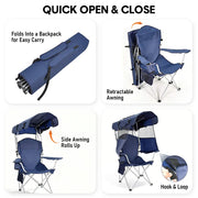 Foldable Canopy Shade Chair Outdoor Sturdy Frame Thickened Oxford Fabric Chair with Armrest Cup Holder and Carry Bag for Camping Fishing Yard Barbeque