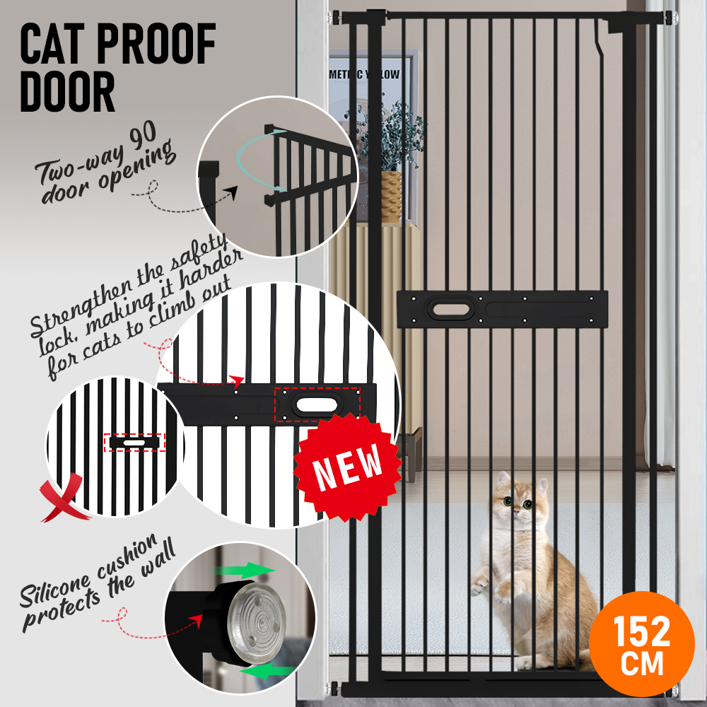 Alston Extra Tall 150cm Baby Pet Security Gate Balck Safety Gate Easy Fit Fence Two Way Opening No Drill V985-CATPROOFDOOR