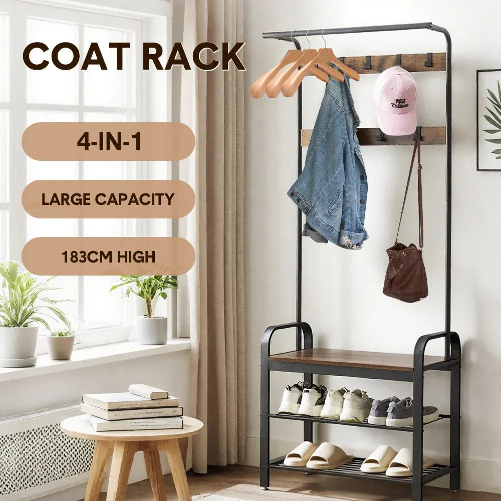 4-In-1 Coat Rack Large Capacity Freestanding Hall Tree 183 High Entryway Bench with 8 Detachable Hooks V985-COATRACK