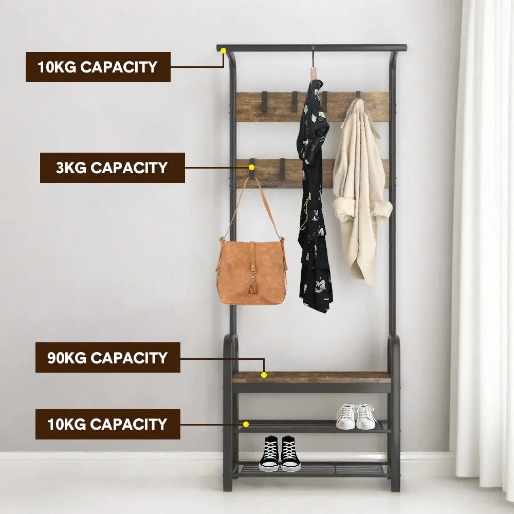 4-In-1 Coat Rack Large Capacity Freestanding Hall Tree 183 High Entryway Bench with 8 Detachable Hooks V985-COATRACK