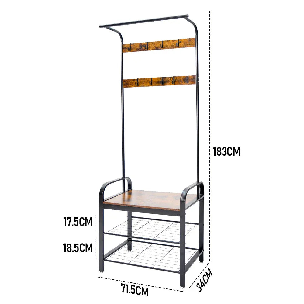 4-In-1 Coat Rack Large Capacity Freestanding Hall Tree 183 High Entryway Bench with 8 Detachable Hooks V985-COATRACK