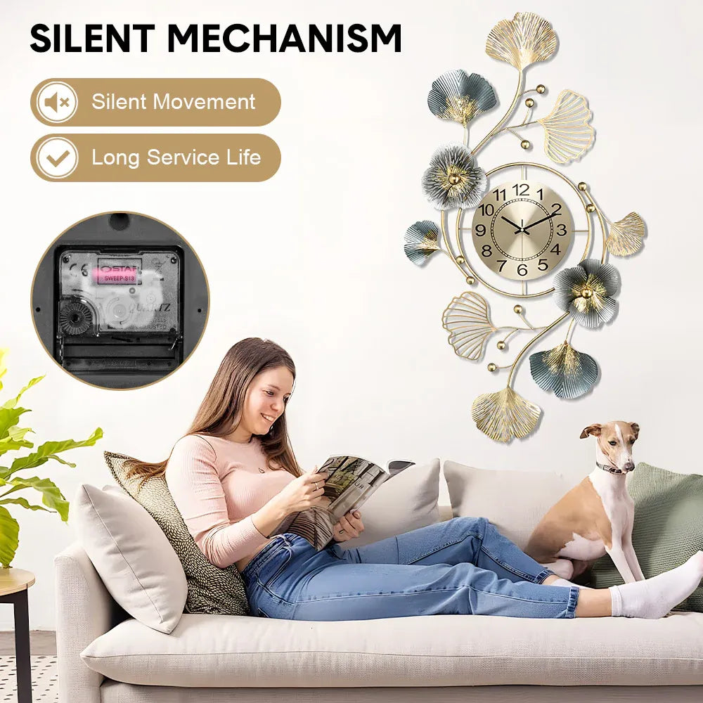 Large Wall Clock 22cm Metal Silent Non Ticking Decoration Hanging Clock Battery Operated with 3D Ginkgo Leaf Design for Living Room Bedroom Home Office