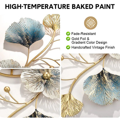 Large Wall Clock 22cm Metal Silent Non Ticking Decoration Hanging Clock Battery Operated with 3D Ginkgo Leaf Design for Living Room Bedroom Home Office