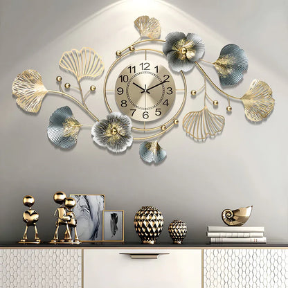 Large Wall Clock 22cm Metal Silent Non Ticking Decoration Hanging Clock Battery Operated with 3D Ginkgo Leaf Design for Living Room Bedroom Home Office