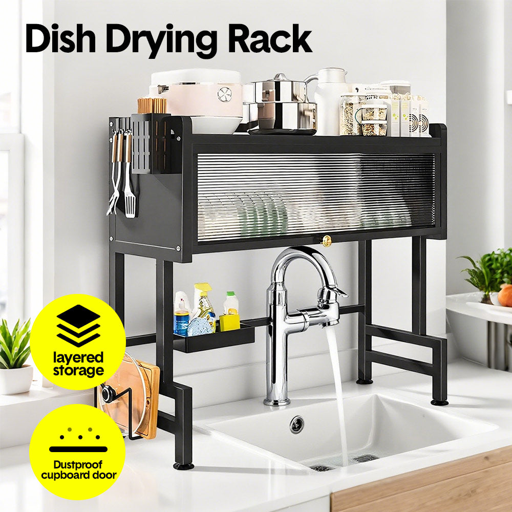 Over The Sink Dish Drying Rack Carbon Steel Dish Drainer Drying Rack 85cm Long Sink Caddy with Door and V985-DISHDRYINGRACK