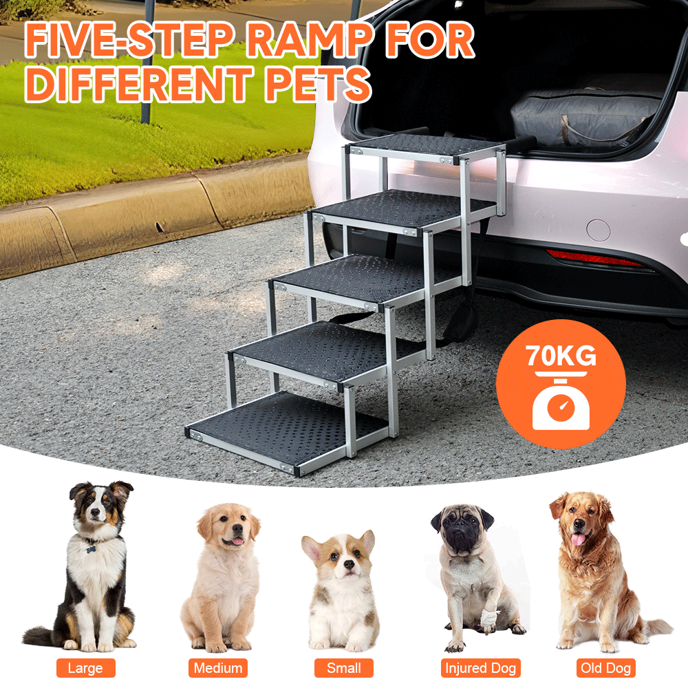 Folding Dog Stair Lightweight Aluminium Dog Ramp Adjustable Height 5 Steps Pet Ladder Loads up to 70Kg with V985-DOGSTAIR