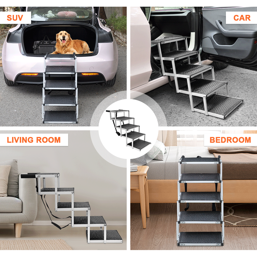 Folding Dog Stair Lightweight Aluminium Dog Ramp Adjustable Height 5 Steps Pet Ladder Loads up to 70Kg with V985-DOGSTAIR