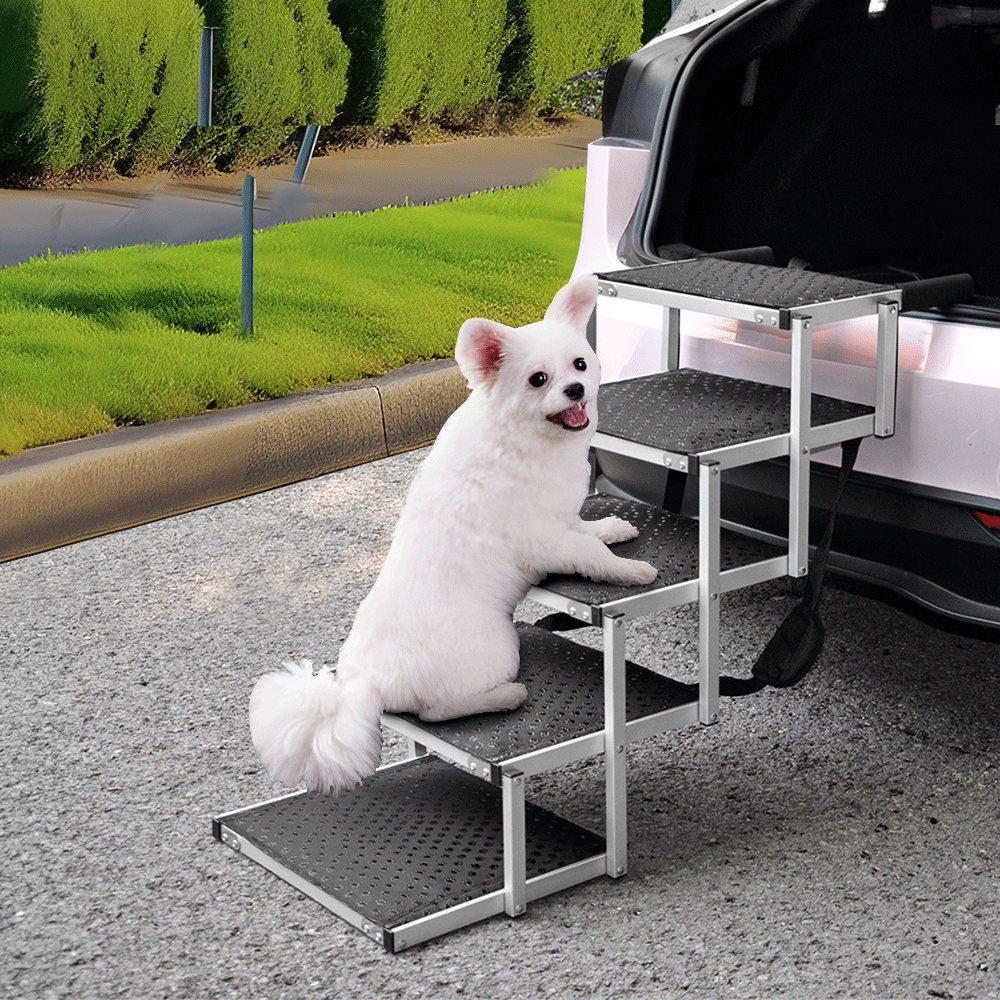 Folding Dog Stair Lightweight Aluminium Dog Ramp Adjustable Height 5 Steps Pet Ladder Loads up to 70Kg with V985-DOGSTAIR