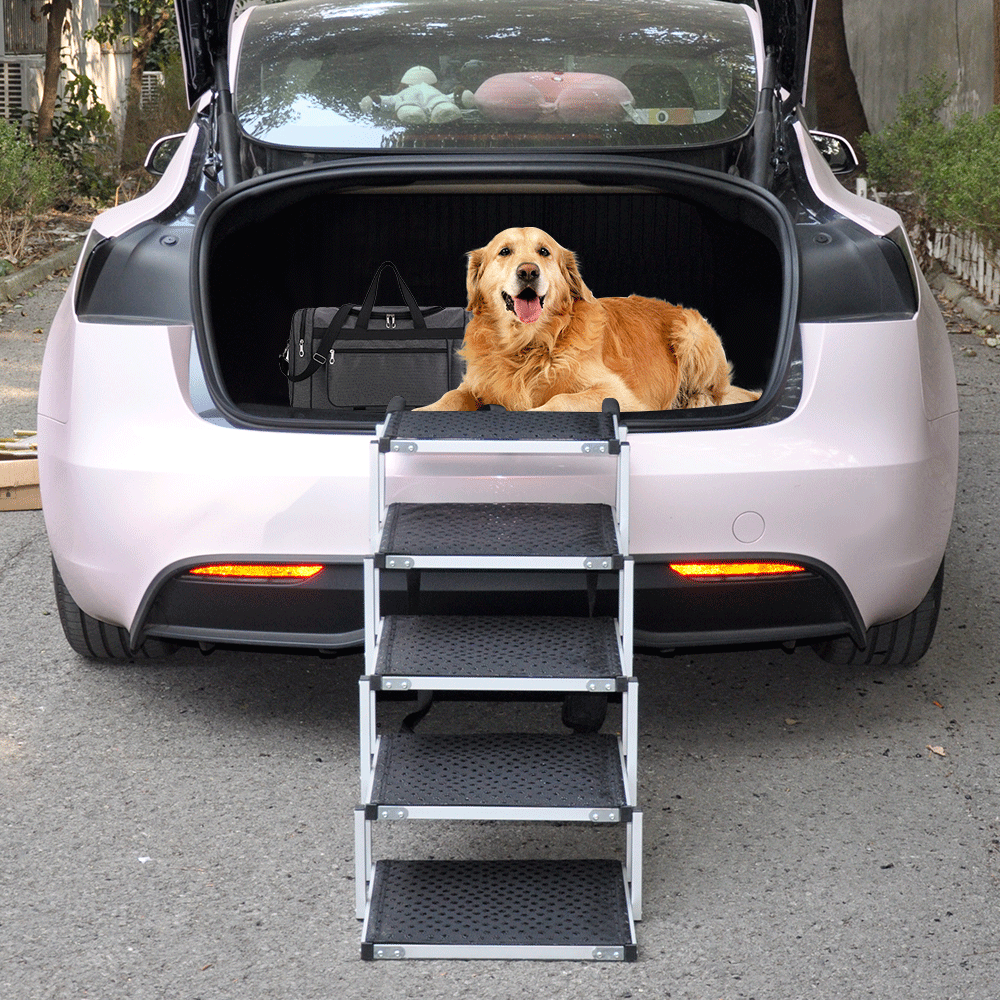 Folding Dog Stair Lightweight Aluminium Dog Ramp Adjustable Height 5 Steps Pet Ladder Loads up to 70Kg with V985-DOGSTAIR