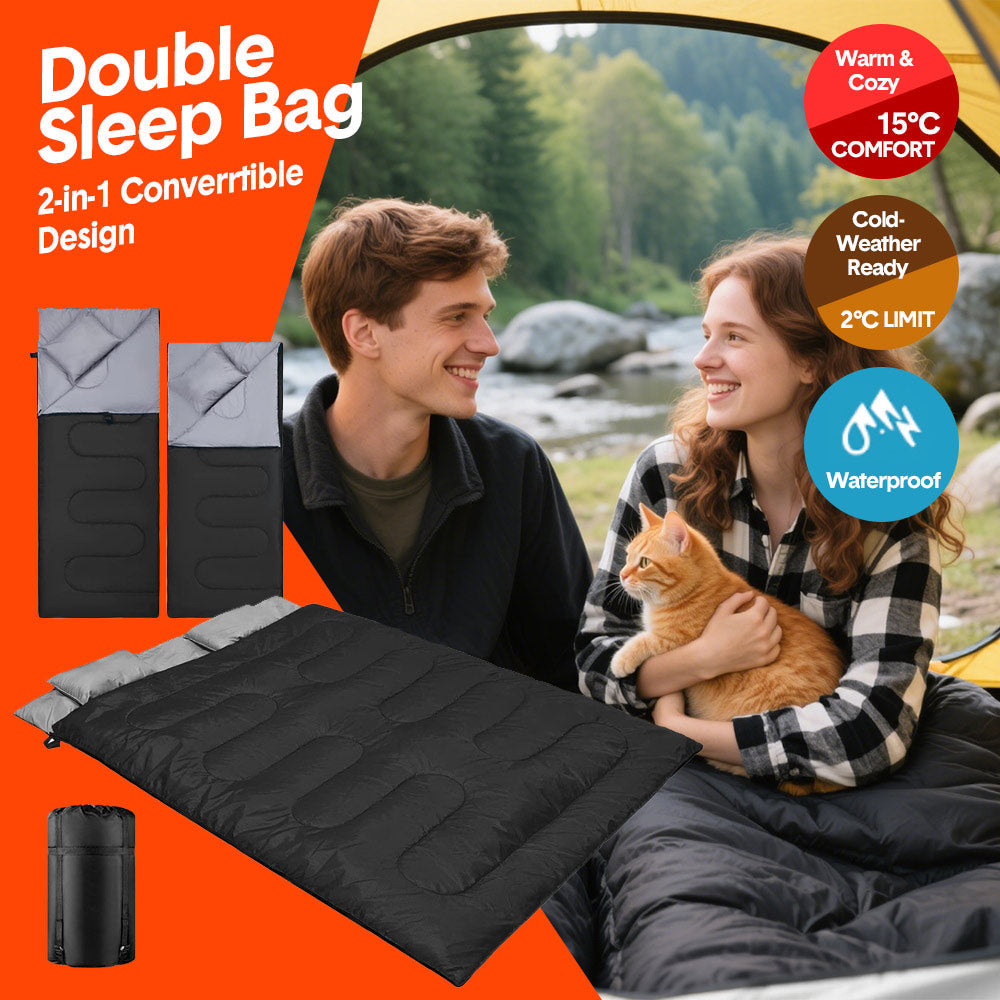 Detachable Double Sleeping Bag with 2 Pillows Queen Size- 2-in-1 Convertible Design Waterproof Warm V985-DOUBLESLEEPBAG