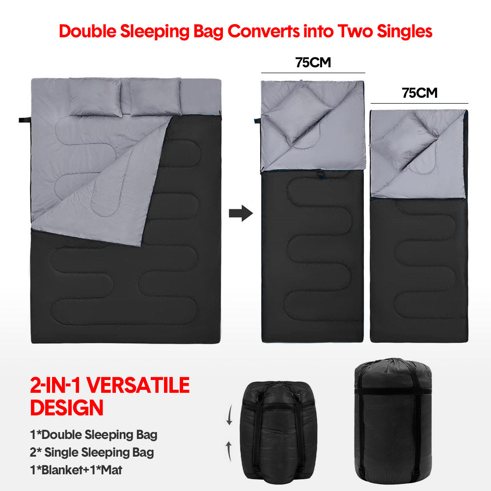 Detachable Double Sleeping Bag with 2 Pillows Queen Size- 2-in-1 Convertible Design Waterproof Warm V985-DOUBLESLEEPBAG