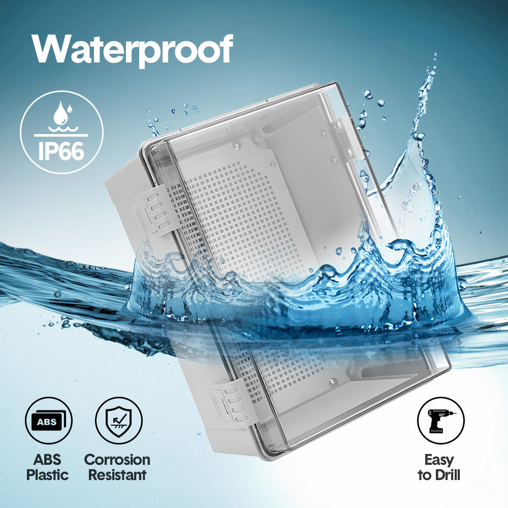 Electrical ABS Junction Box IP66 Waterproof Electrical Enclosure with Clear Hinged Cover and Mounting Plate V985-ELECTRICALJUNCTIONBOX