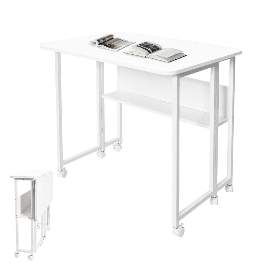 Compat Foldable Desk Rolling Study Desk Small Computer Desk with Wheels and Storage Shelf for Small Spaces V985-FOLDABLEDESK