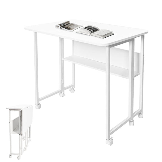 Compat Foldable Desk Rolling Study Desk Small Computer Desk with Wheels and Storage Shelf for Small Spaces V985-FOLDABLEDESK