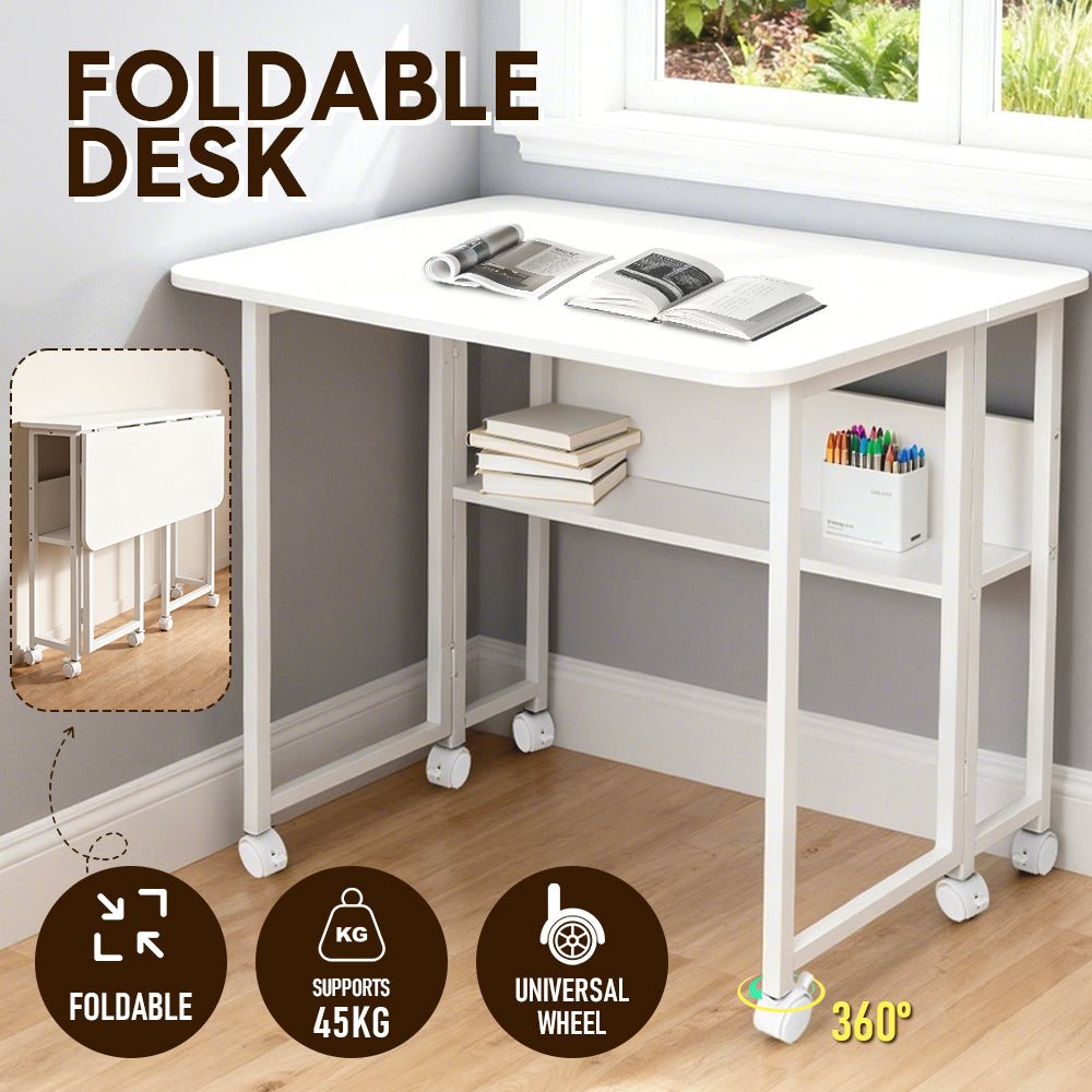 Compat Foldable Desk Rolling Study Desk Small Computer Desk with Wheels and Storage Shelf for Small Spaces V985-FOLDABLEDESK