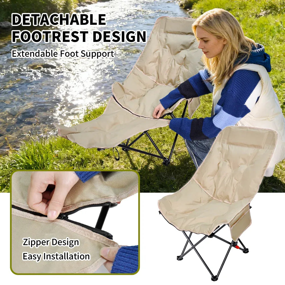 Folding Camping Recliner Outdoor Portable HeavDuty Moon Chair 3-Level Adjustable with Thick Padding Backresy t Leg Rest and Side Pocket No Tools Setup