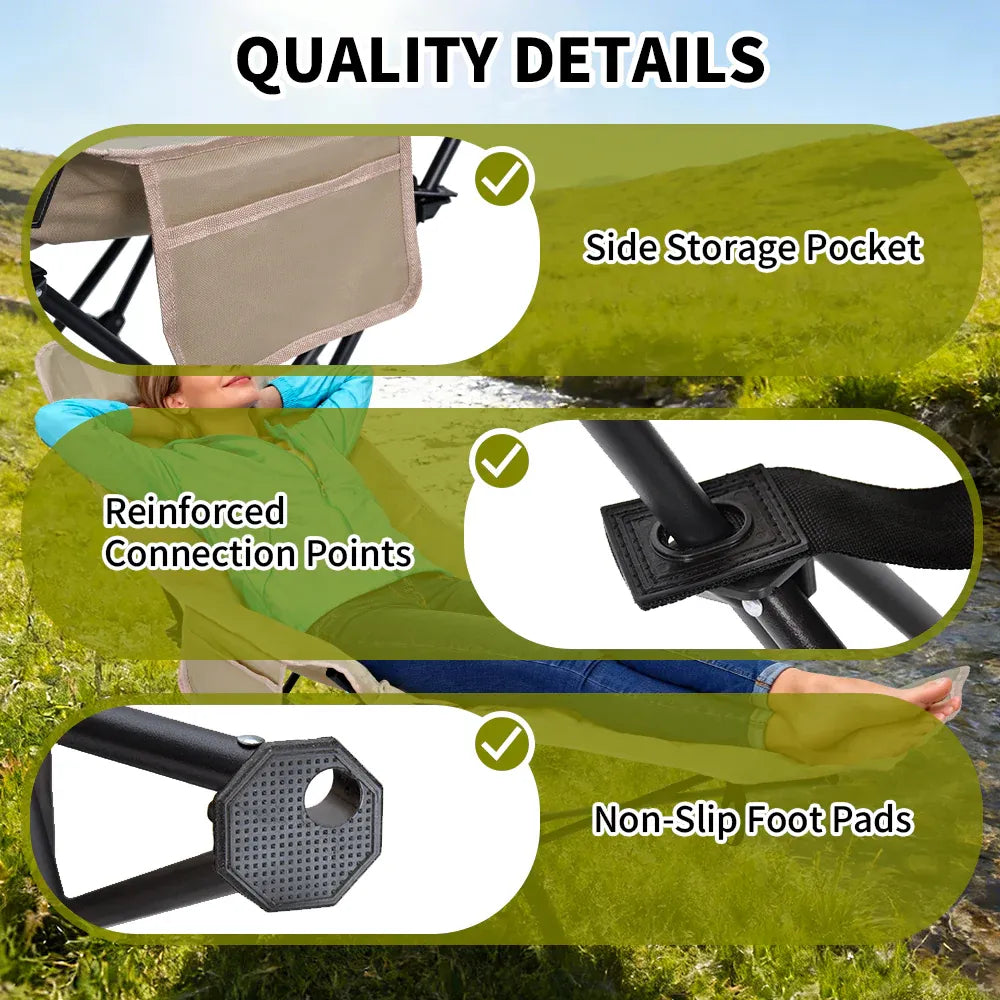 Folding Camping Recliner Outdoor Portable HeavDuty Moon Chair 3-Level Adjustable with Thick Padding Backresy t Leg Rest and Side Pocket No Tools Setup