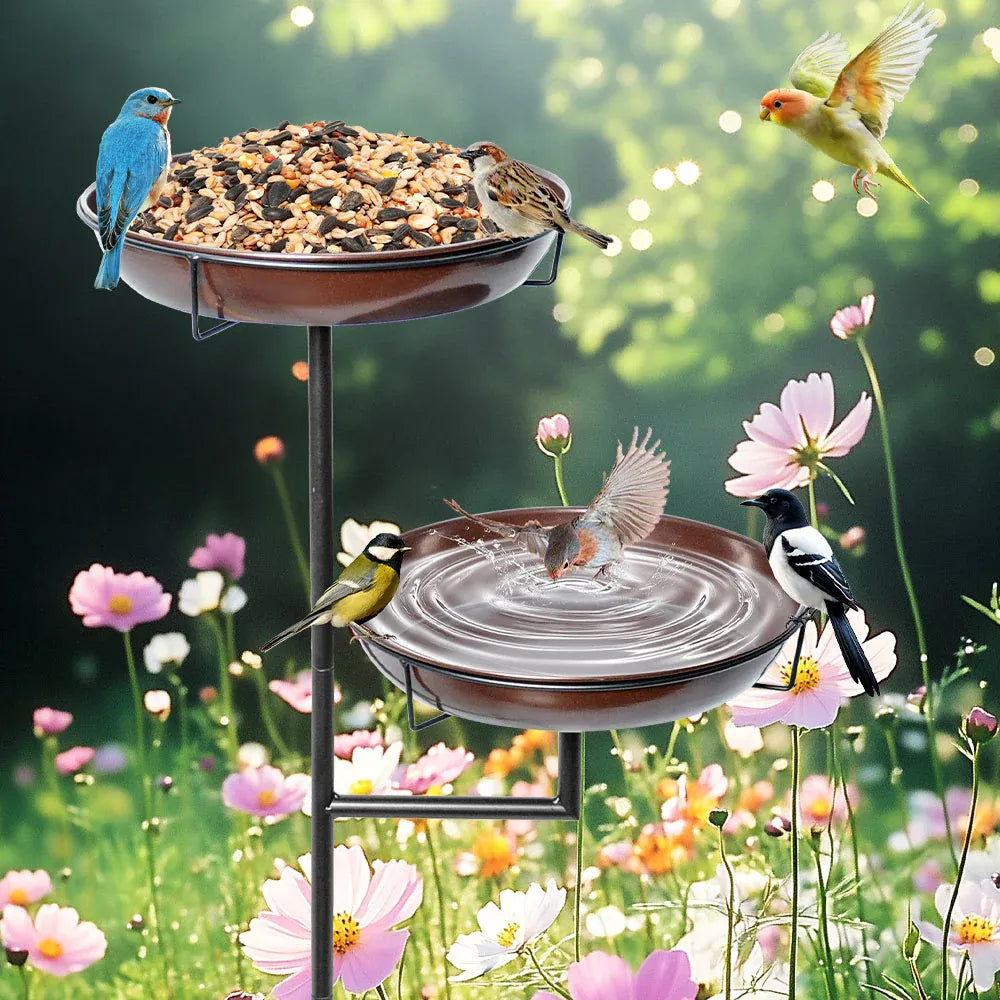 Bird Bath and Feeder Double 12Inch Bowls Metal Bird Feeder Birdbaths Freestanding Bird Bath Stand with Stakes for Garden Outdoors Decor Large Capacity