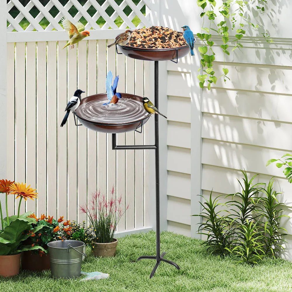 Bird Bath and Feeder Double 12Inch Bowls Metal Bird Feeder Birdbaths Freestanding Bird Bath Stand with Stakes for Garden Outdoors Decor Large Capacity