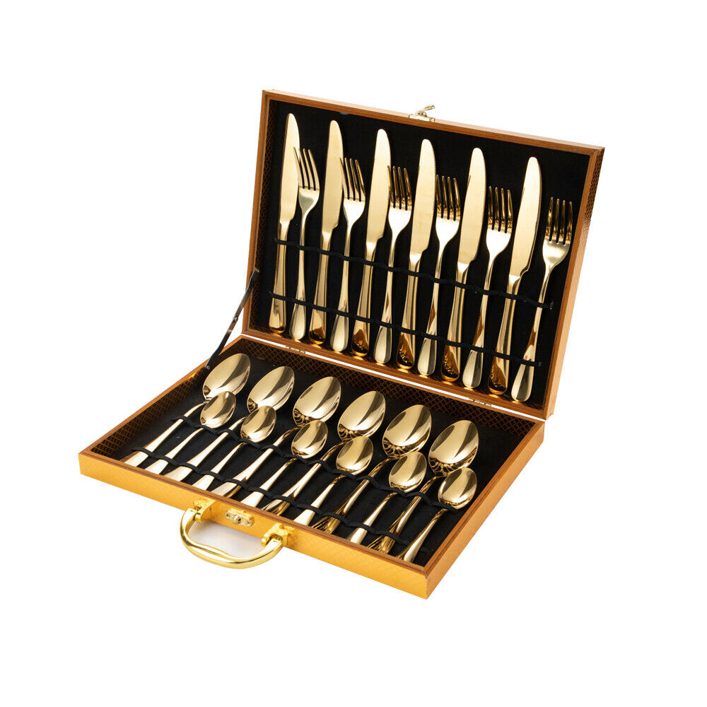 Gold Cutlery Set Kitchen Stainless Steel Fork Knife Spoon Flatware Cutlery Gift For Party Restaurant V985-GOLDCUTLERYSET24PCS