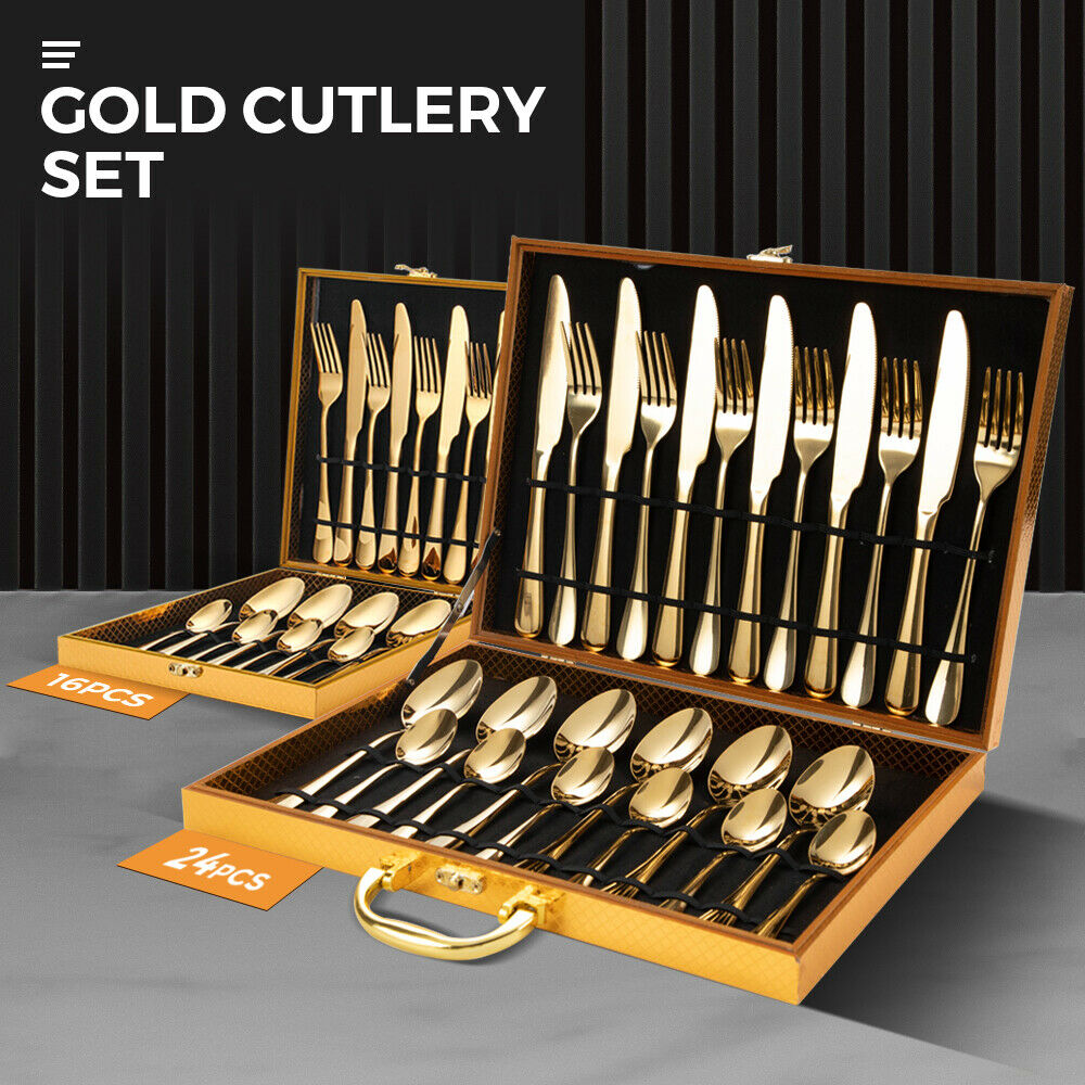 Gold Cutlery Set Kitchen Stainless Steel Fork Knife Spoon Flatware Cutlery Gift For Party Restaurant V985-GOLDCUTLERYSET24PCS