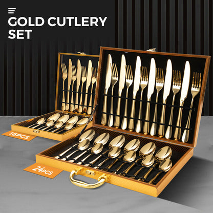 Gold Cutlery Set Kitchen Stainless Steel Fork Knife Spoon Flatware Cutlery Gift For Party Restaurant V985-GOLDCUTLERYSET24PCS
