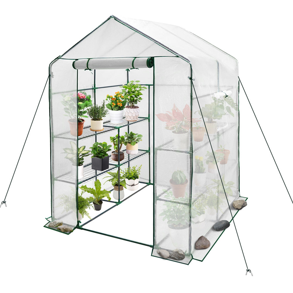 Greenhouse Walk-In Tunnel 3 Tier Planting Shelves 143x143x195cm Strong Stability with PE Cover Roll-up Zipper V985-GREENHOUSE2