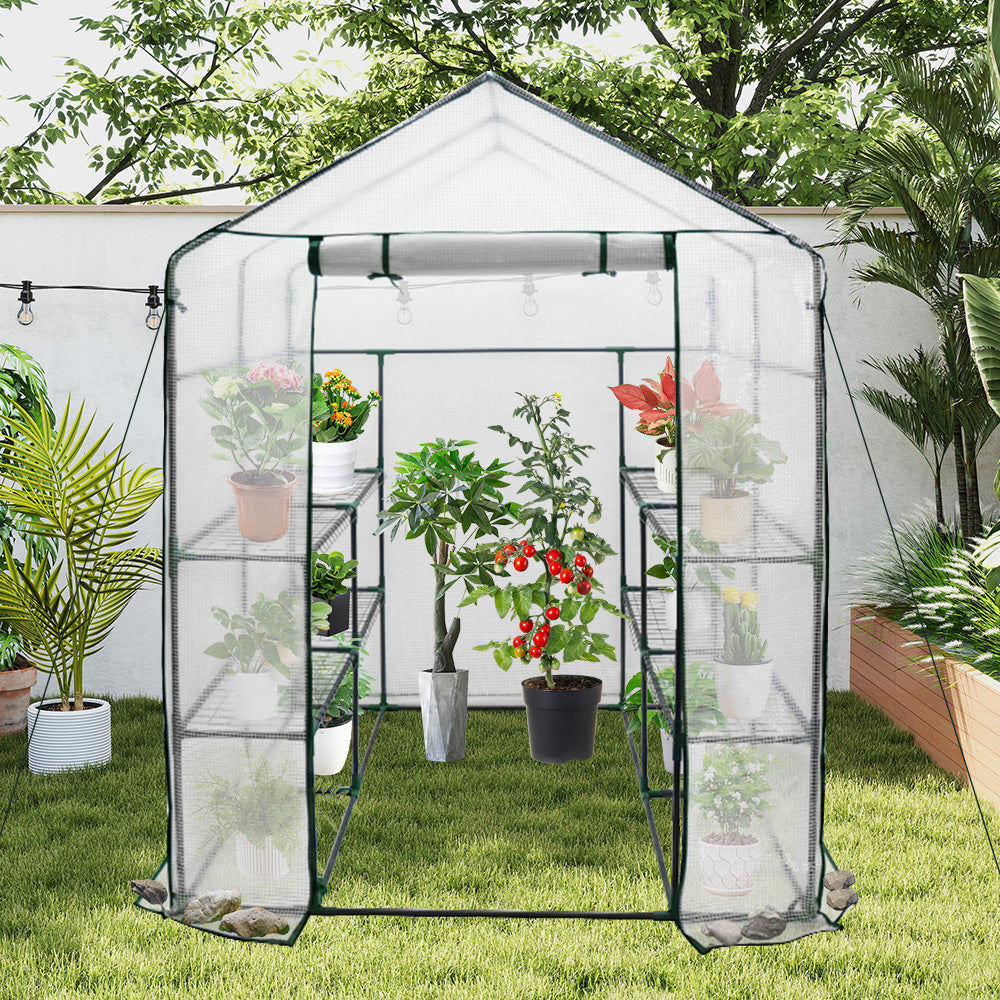 Greenhouse Walk-In Tunnel 3 Tier Planting Shelves 143x143x195cm Strong Stability with PE Cover Roll-up Zipper V985-GREENHOUSE2
