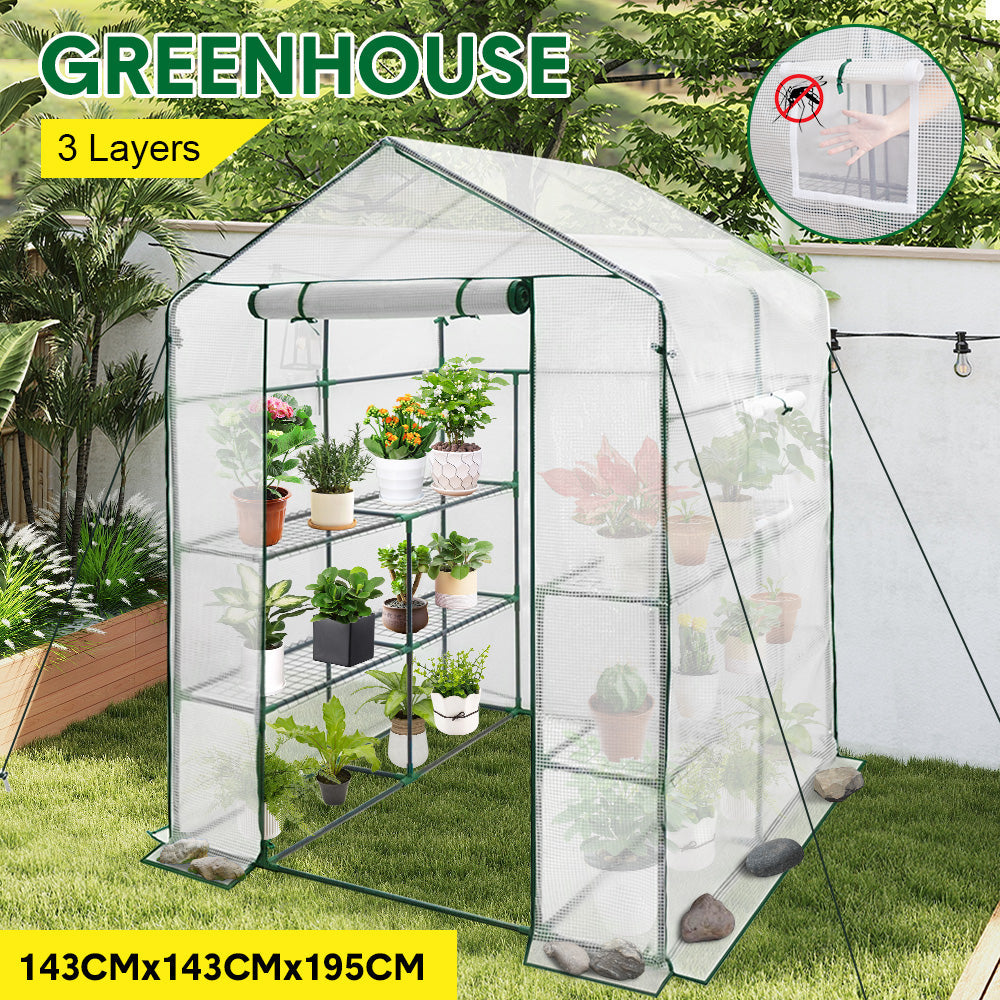 Greenhouse Walk-In Tunnel 3 Tier Planting Shelves 143x143x195cm Strong Stability with PE Cover Roll-up Zipper V985-GREENHOUSE2