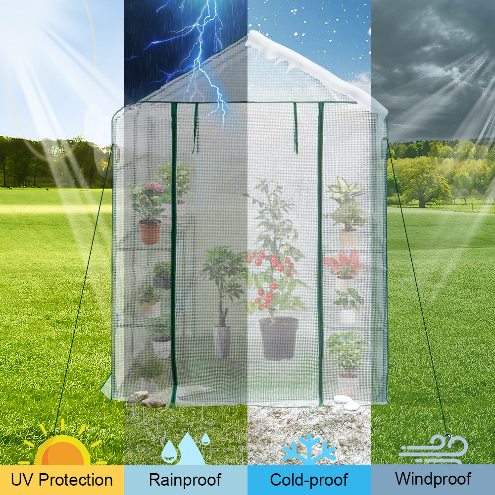 Greenhouse Walk-In Tunnel 3 Tier Planting Shelves 143x143x195cm Strong Stability with PE Cover Roll-up Zipper V985-GREENHOUSE2