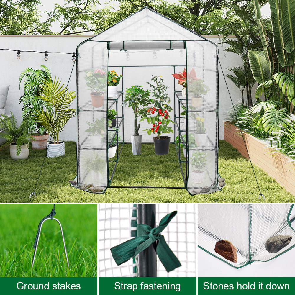 Greenhouse Walk-In Tunnel 3 Tier Planting Shelves 143x143x195cm Strong Stability with PE Cover Roll-up Zipper V985-GREENHOUSE2