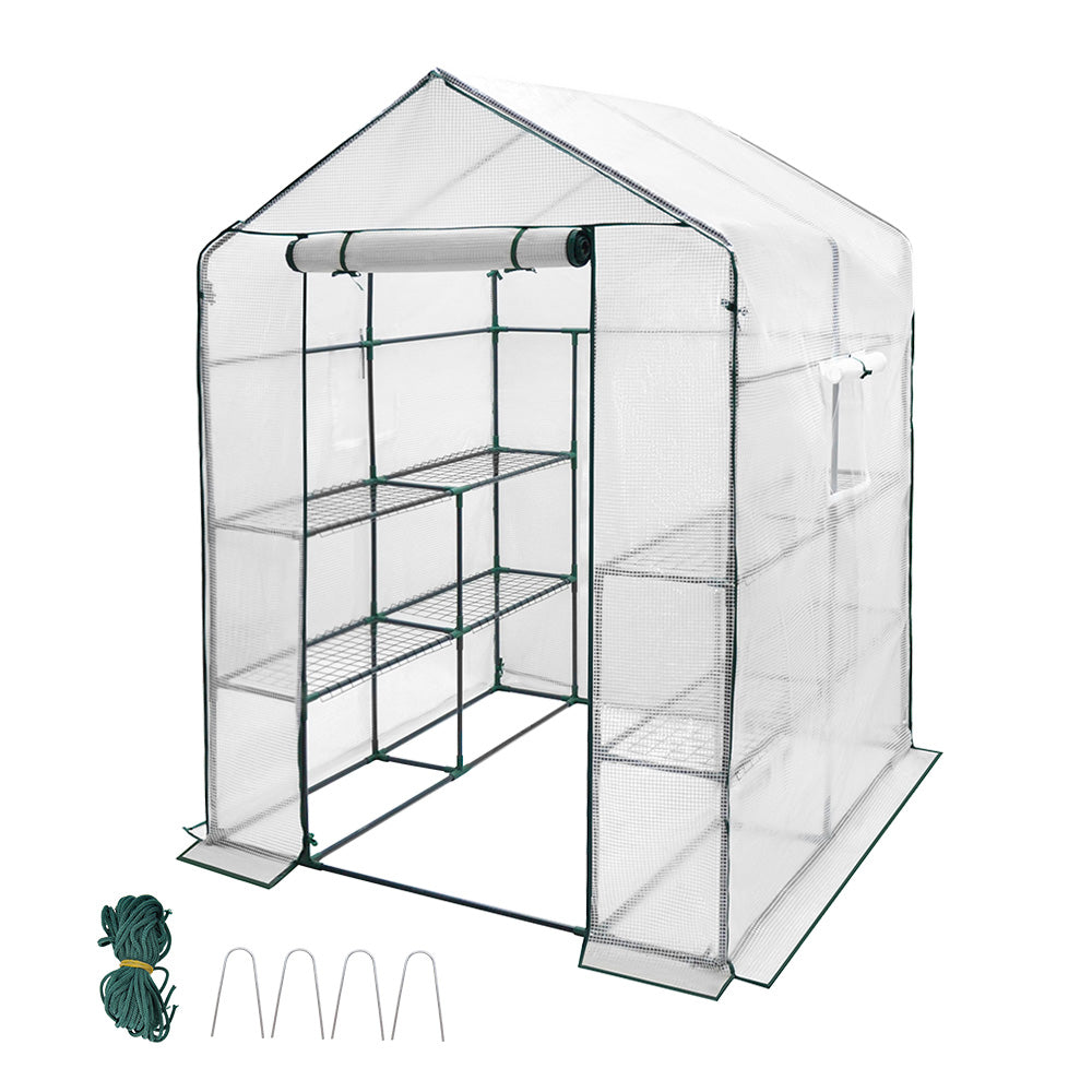 Greenhouse Walk-In Tunnel 3 Tier Planting Shelves 143x143x195cm Strong Stability with PE Cover Roll-up Zipper V985-GREENHOUSE2