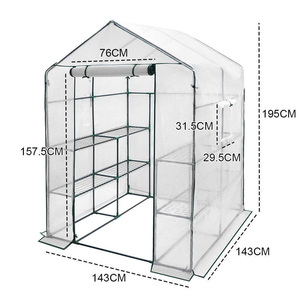 Greenhouse Walk-In Tunnel 3 Tier Planting Shelves 143x143x195cm Strong Stability with PE Cover Roll-up Zipper V985-GREENHOUSE2