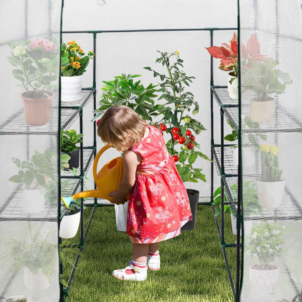 Greenhouse Walk-In Tunnel 3 Tier Planting Shelves 143x143x195cm Strong Stability with PE Cover Roll-up Zipper V985-GREENHOUSE2