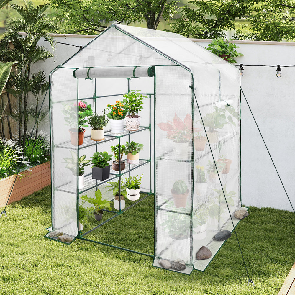 Greenhouse Walk-In Tunnel 3 Tier Planting Shelves 143x143x195cm Strong Stability with PE Cover Roll-up Zipper V985-GREENHOUSE2