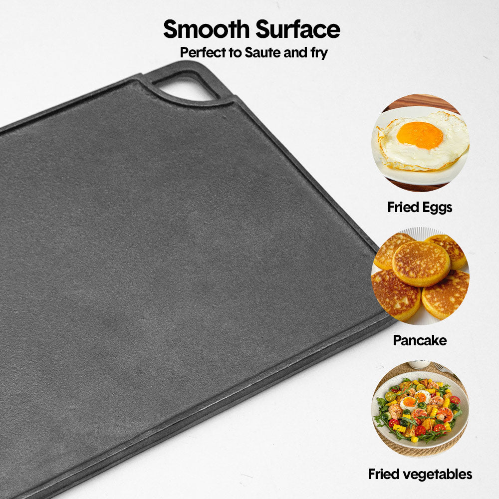 Reversible Cast Iron Griddle Rectangular BBQ Plate 43x24cm Double-Sided Flat Top Griddle Pan and Grooved V985-GRILLPRESS