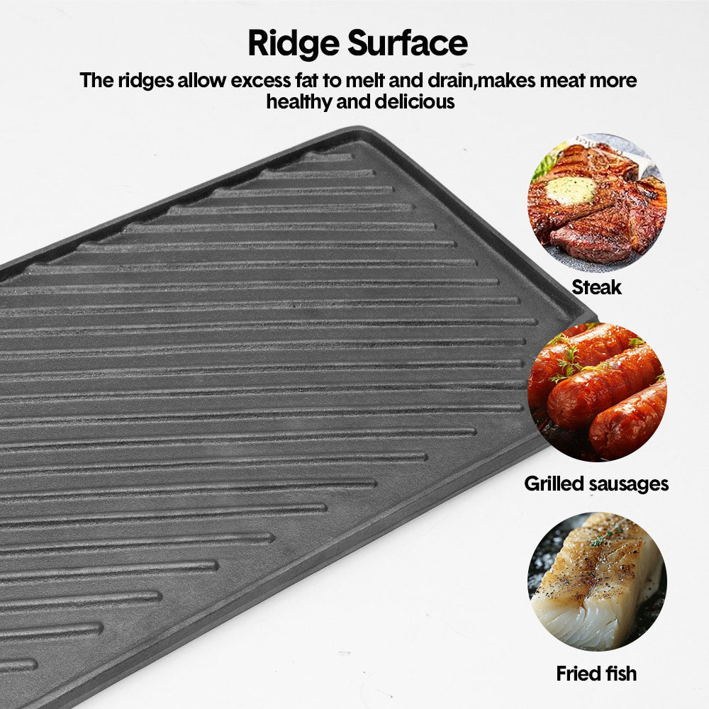 Reversible Cast Iron Griddle Rectangular BBQ Plate 43x24cm Double-Sided Flat Top Griddle Pan and Grooved V985-GRILLPRESS