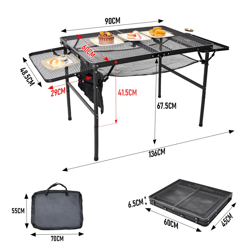 Folding Grill Table 135x60cm Portable Height Adjustable Camping Table with 2 Wing Panels Mesh Desktop and Mesh Storage for Outdoor BBQ Camping Picnic