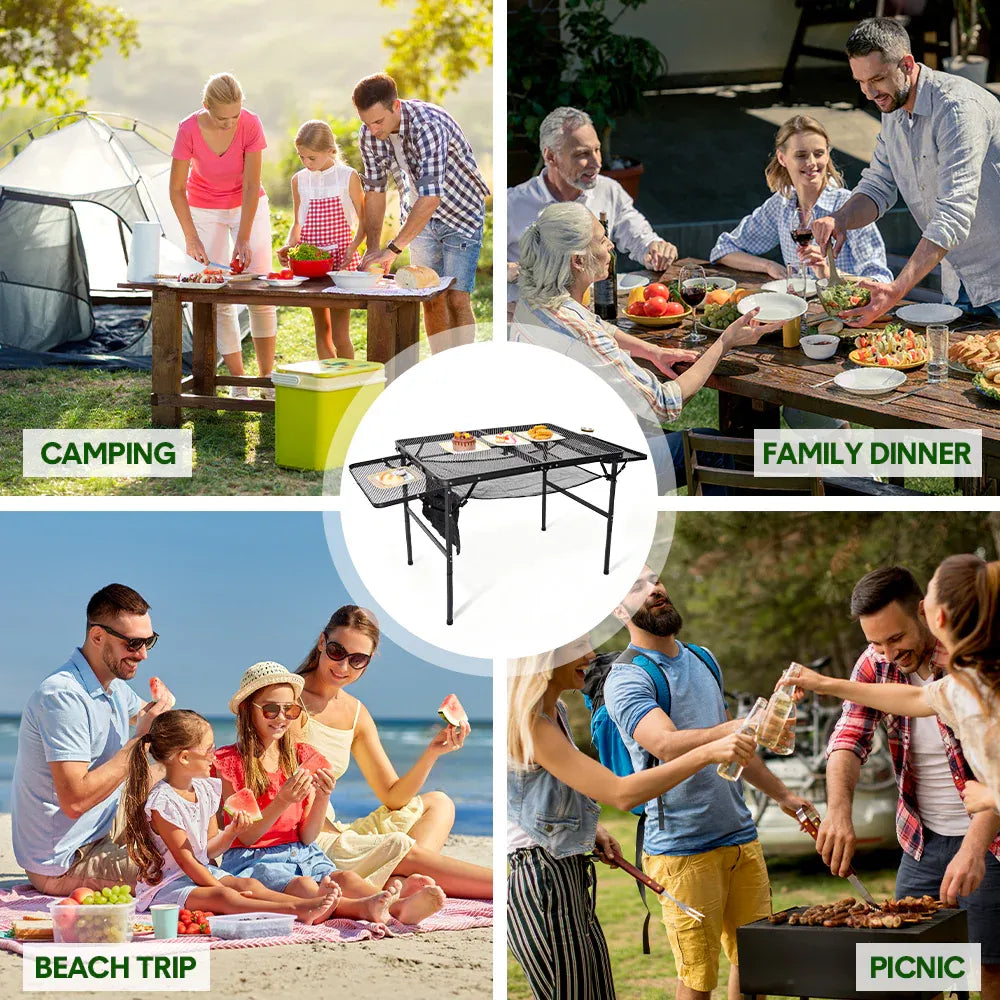 Folding Grill Table 135x60cm Portable Height Adjustable Camping Table with 2 Wing Panels Mesh Desktop and Mesh Storage for Outdoor BBQ Camping Picnic